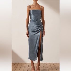 Shona Joy Blue Smoke Ruched Midi Dress with High Slit, 6